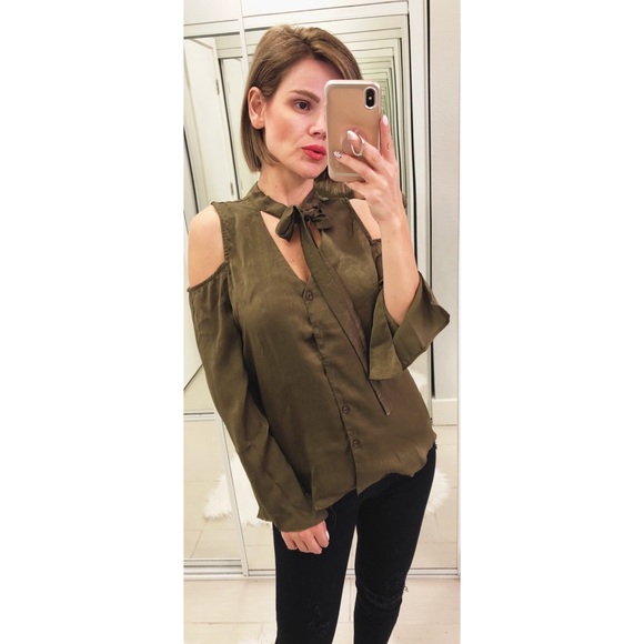 J.O.A. Tops - JOA Tie Neck Cold Shoulder Blouse in Green